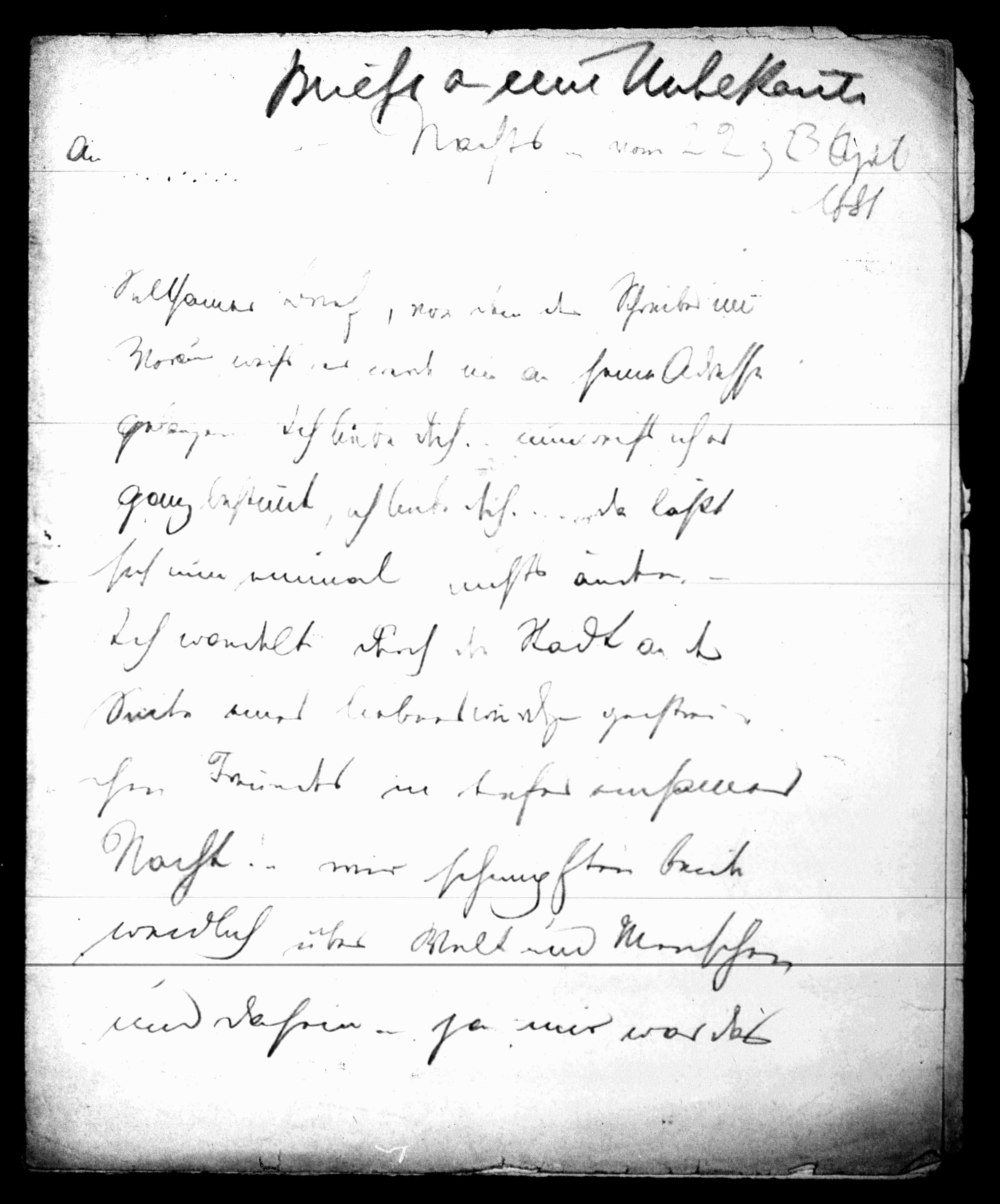 Vorschaubild für Schnitzler, A. an Unbekannt <weiblich>; 22.4.1881-17.7.1883, Seite 1