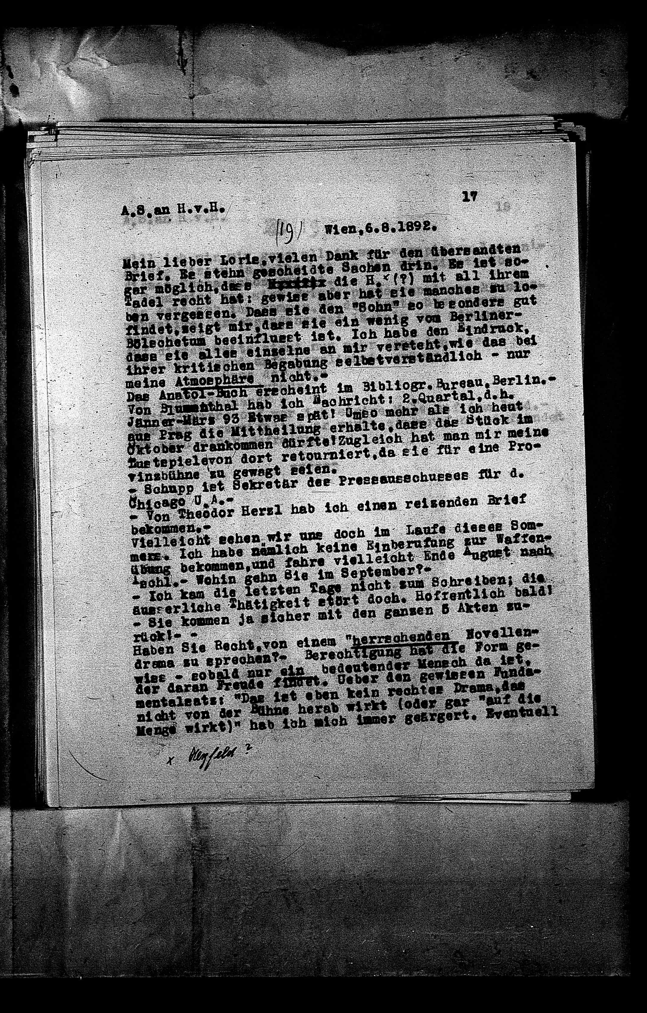 Vorschaubild für Hofmannsthal, Hugo von_AS an HvH Abschrift, HvH an AS, Originale (Mikrofilm 38), Seite 20