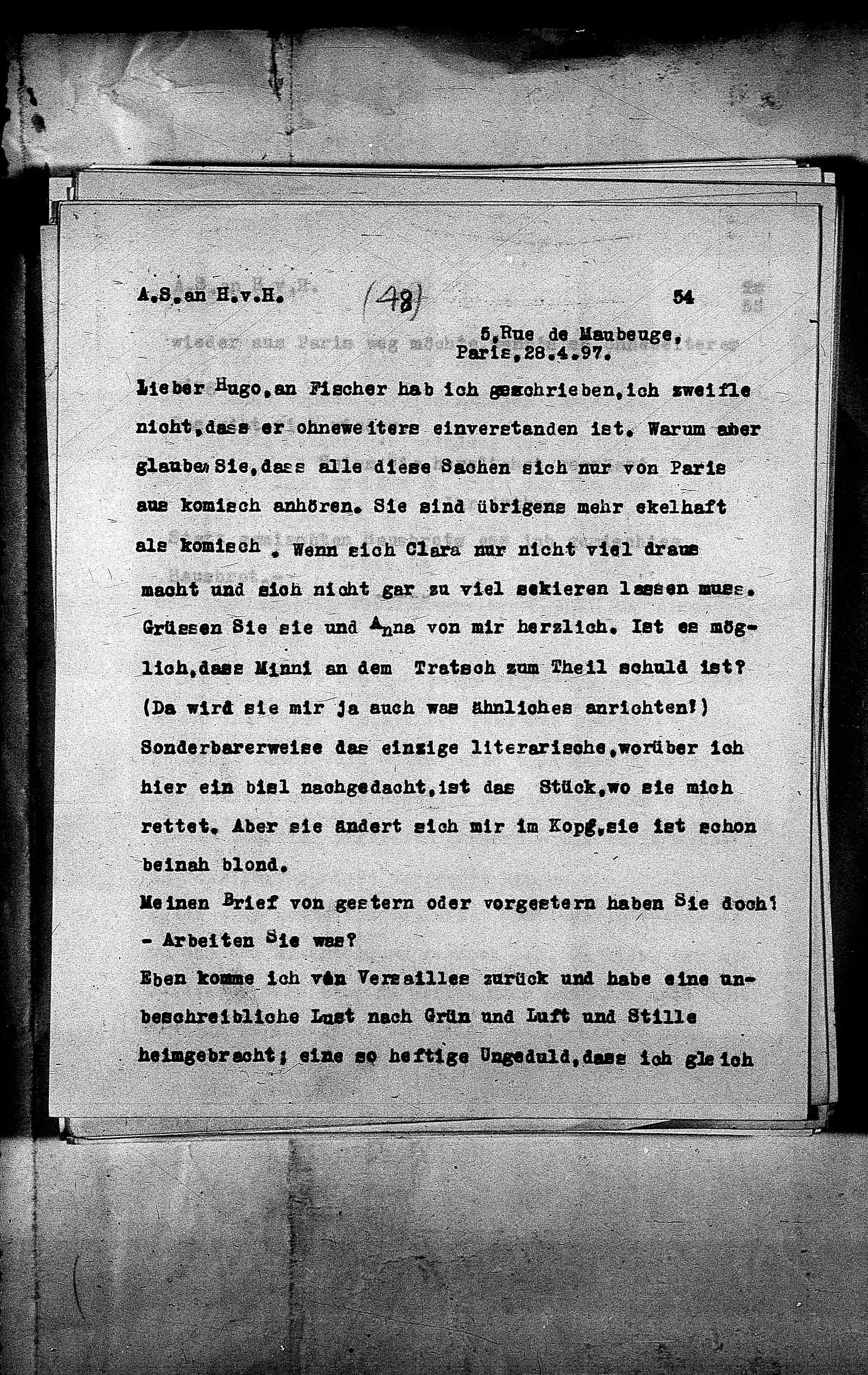 Vorschaubild für Hofmannsthal, Hugo von_AS an HvH Abschrift, HvH an AS, Originale (Mikrofilm 38), Seite 57