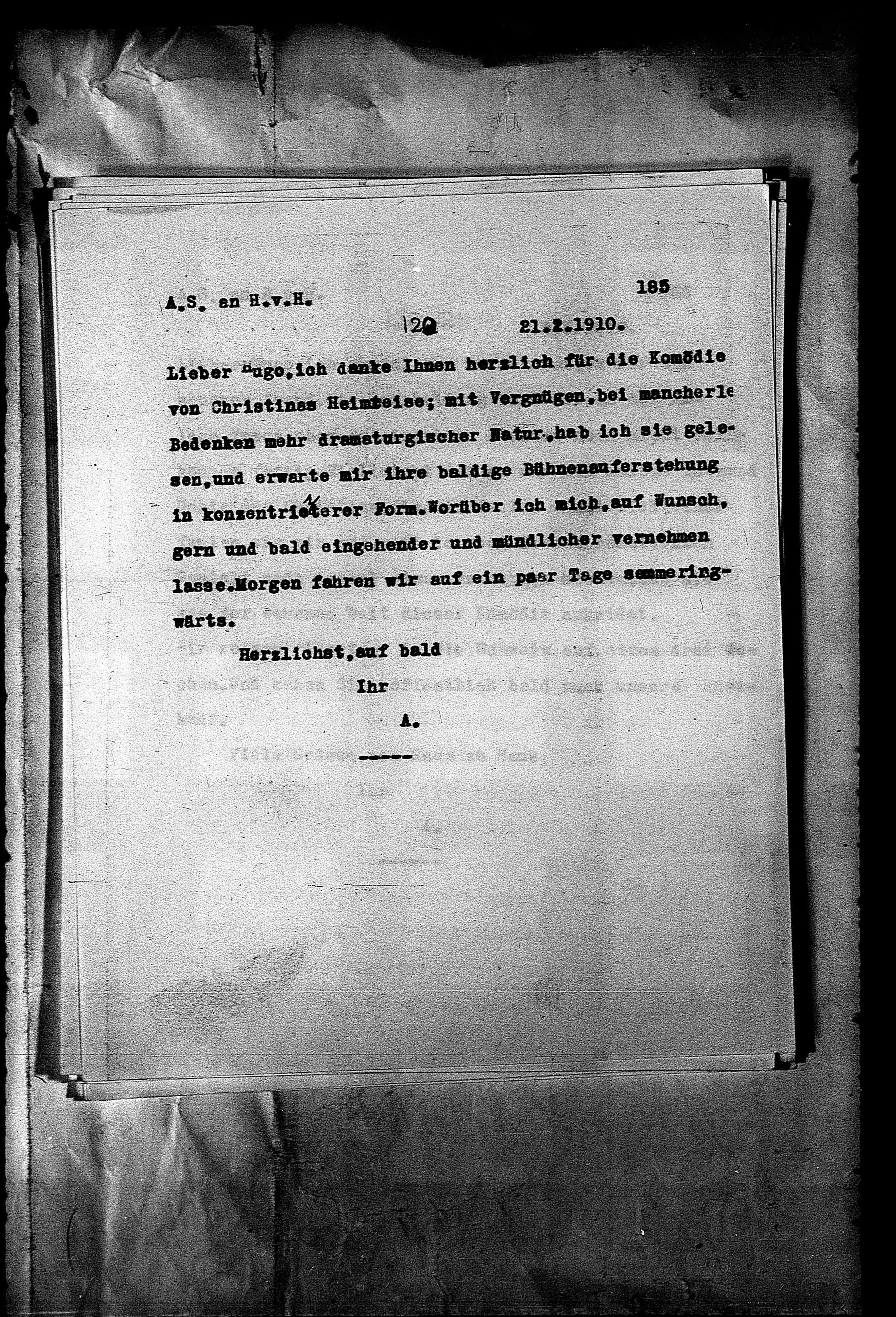 Vorschaubild für Hofmannsthal, Hugo von_AS an HvH Abschrift, HvH an AS, Originale (Mikrofilm 38), Seite 191