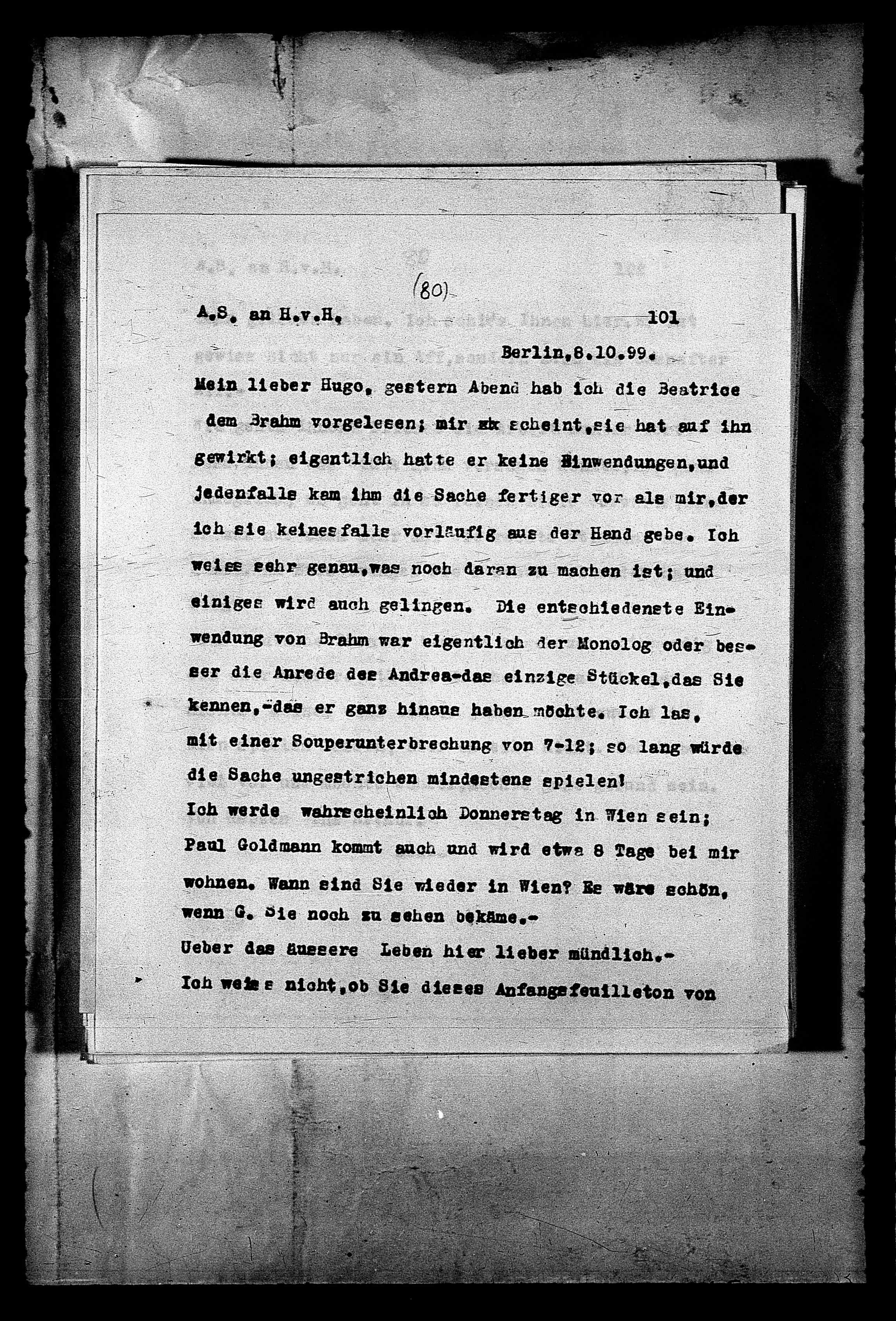 Vorschaubild für Hofmannsthal, Hugo von_AS an HvH Abschrift, HvH an AS, Originale (Mikrofilm 38), Seite 105