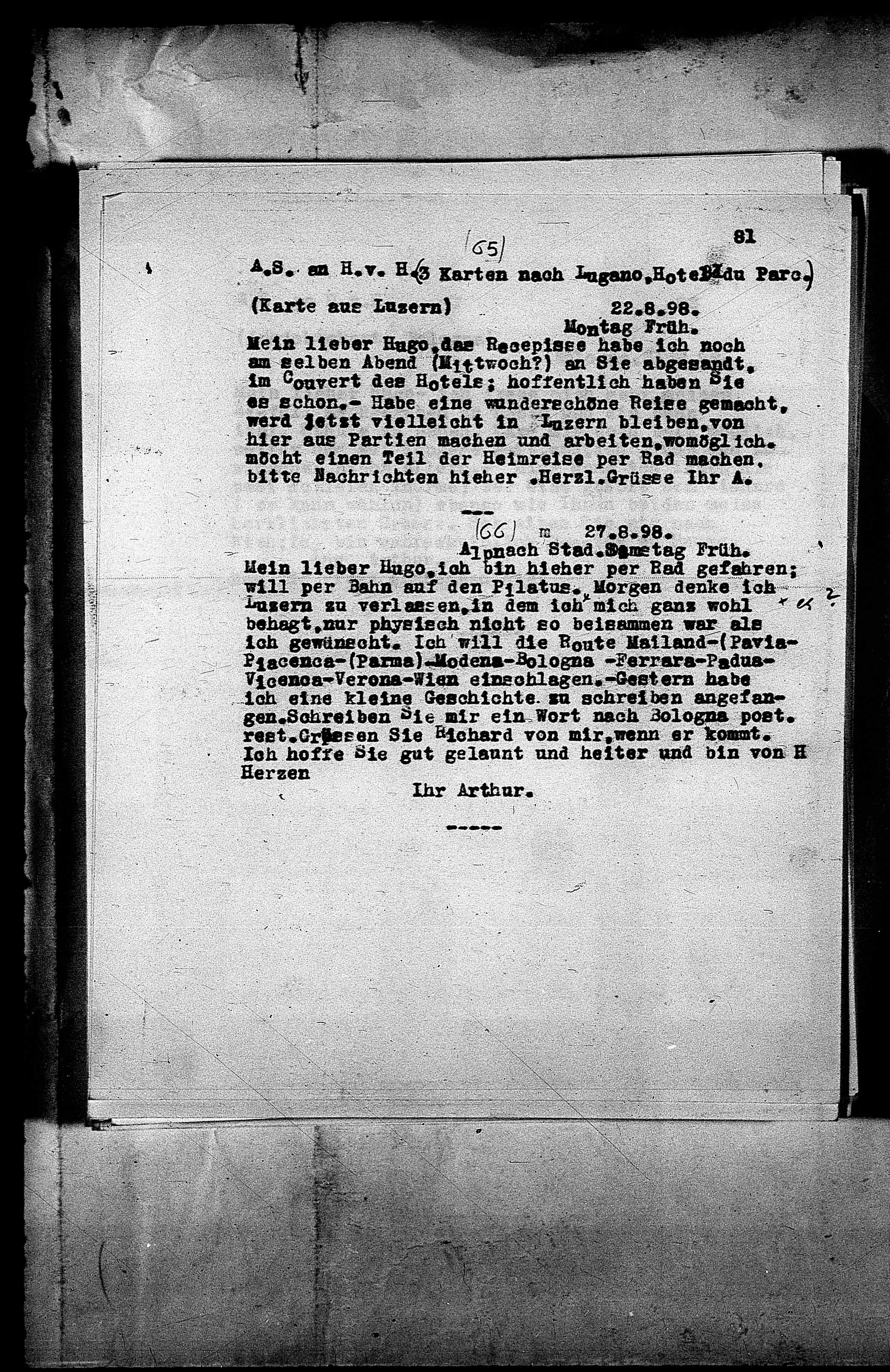 Vorschaubild für Hofmannsthal, Hugo von_AS an HvH Abschrift, HvH an AS, Originale (Mikrofilm 38), Seite 85